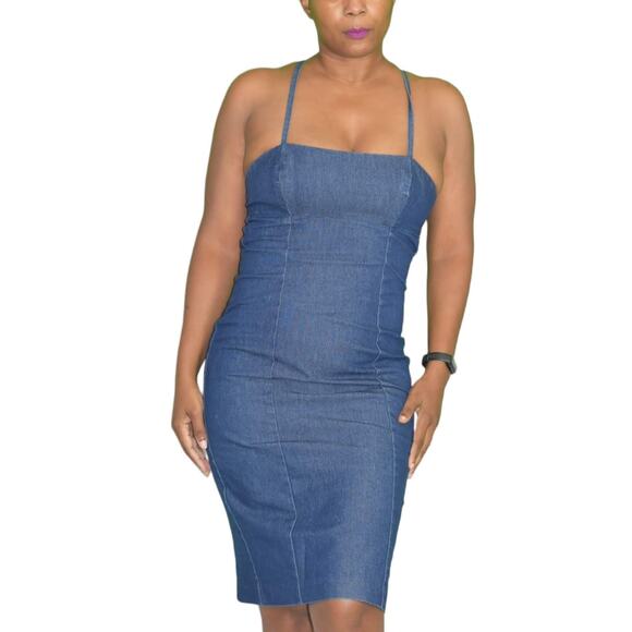Vintage Guess Denim Dress Blue Jean Bodycon Pencil Halter Back Ties Size Small - Picture 8 of 15